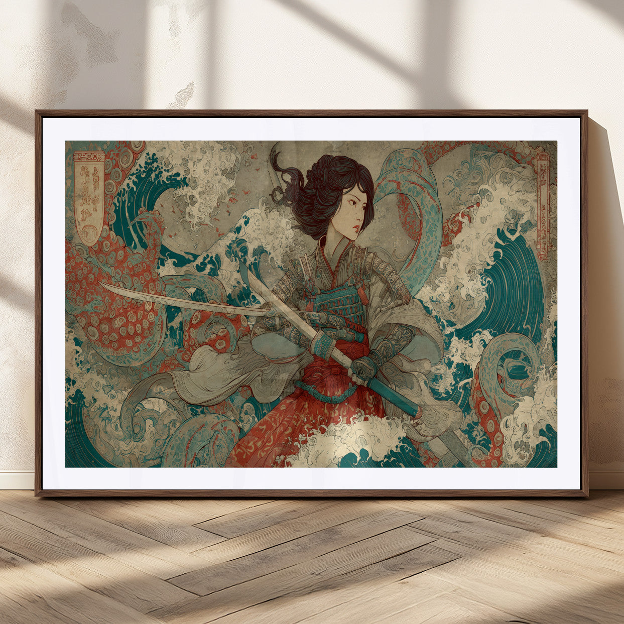 Tsukioka Yoshitoshi Samurai Wall Art Print, Japanese Katana Warrior Canvas Wall Art, Octopus Sea Monster Canvas Print,