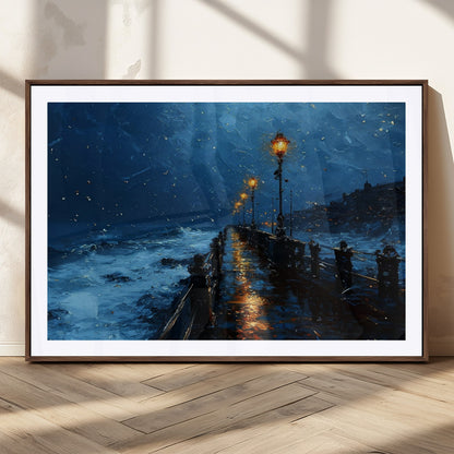 "Impressionistic painting of a rainy pier at night with glowing street lamps reflecting on the wet surface, ocean waves crashing under a dark blue sky."