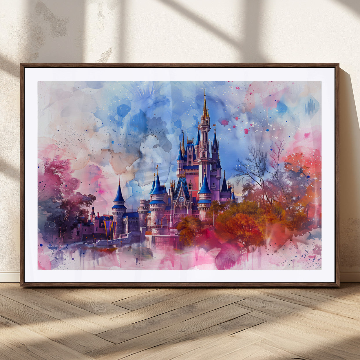 Watercolor canvas of a dreamy Disney-style castle in pastel pink and blue tones, perfect for fairytale or whimsical home decor.