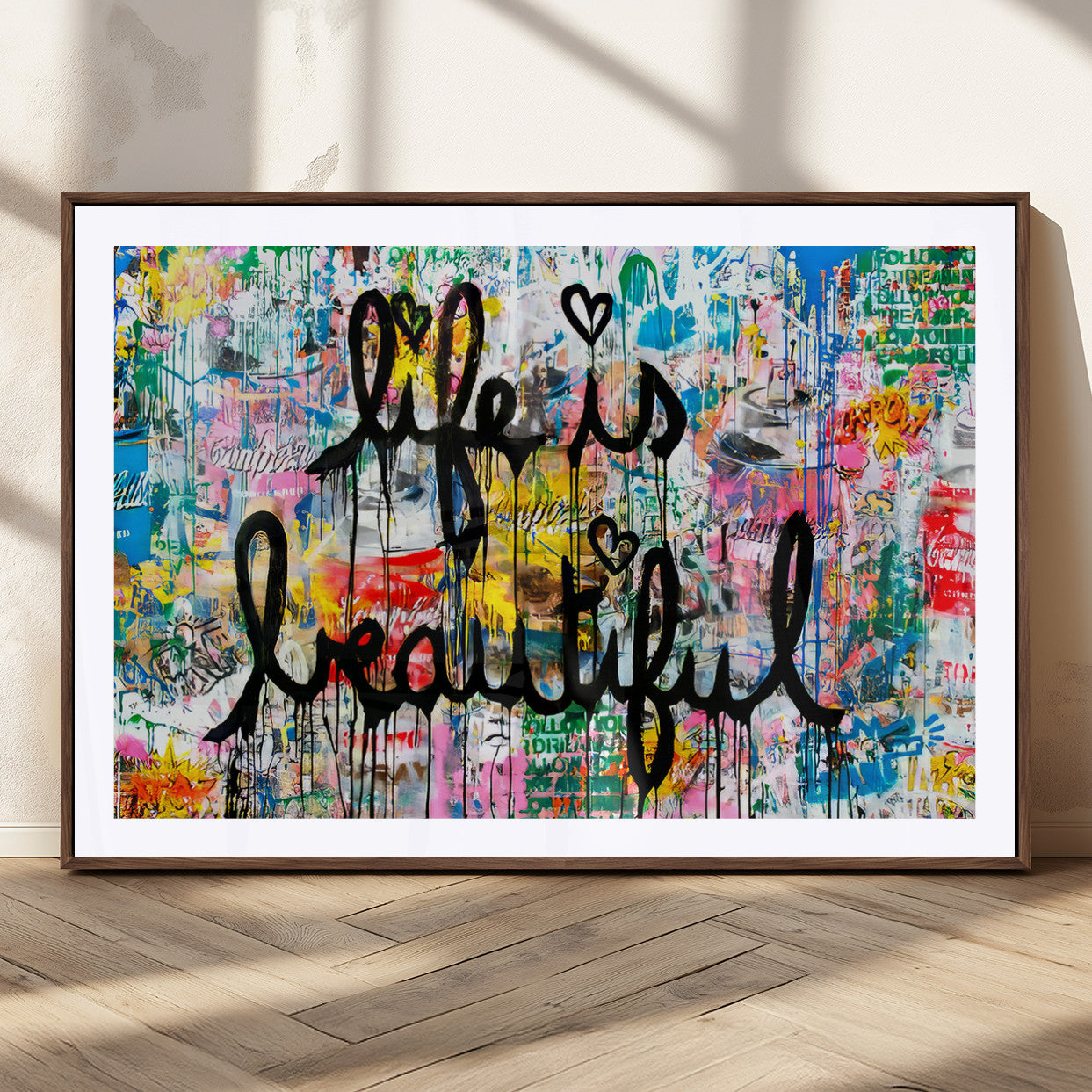 Colorful urban-style canvas with graffiti text “Life is Beautiful” in black paint, ideal for bold or street-themed home decor.