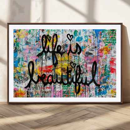 Colorful urban-style canvas with graffiti text “Life is Beautiful” in black paint, ideal for bold or street-themed home decor.