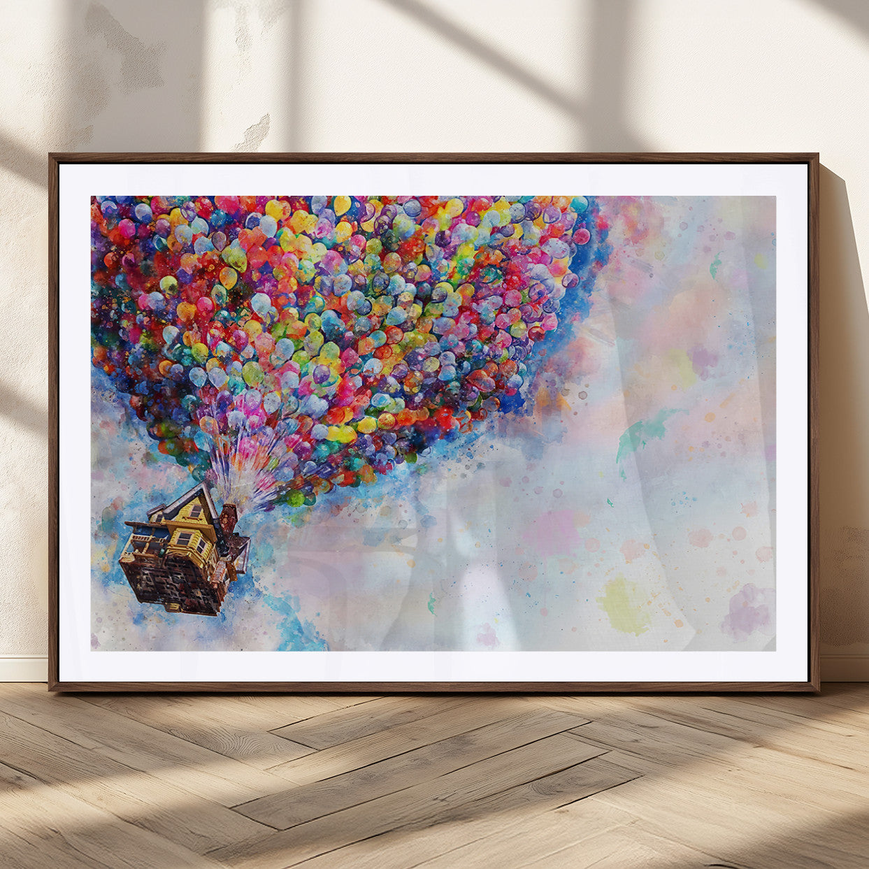 Whimsical canvas of the house from the movie Up flying with colorful balloons, ideal for Pixar or animation-themed decor.