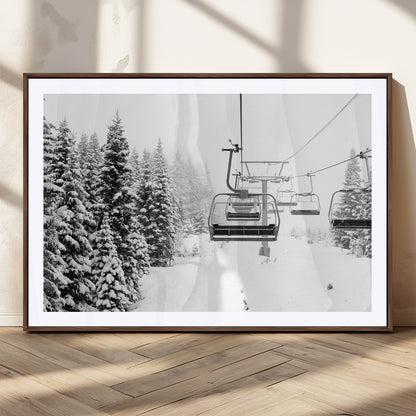 Black and white canvas of empty ski lifts over a snowy pine forest, perfect for minimal winter or ski lodge-inspired decor.