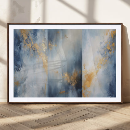 Abstract canvas art in soft blue and gold tones with textured brushstrokes, ideal for elegant or modern neutral decor spaces.