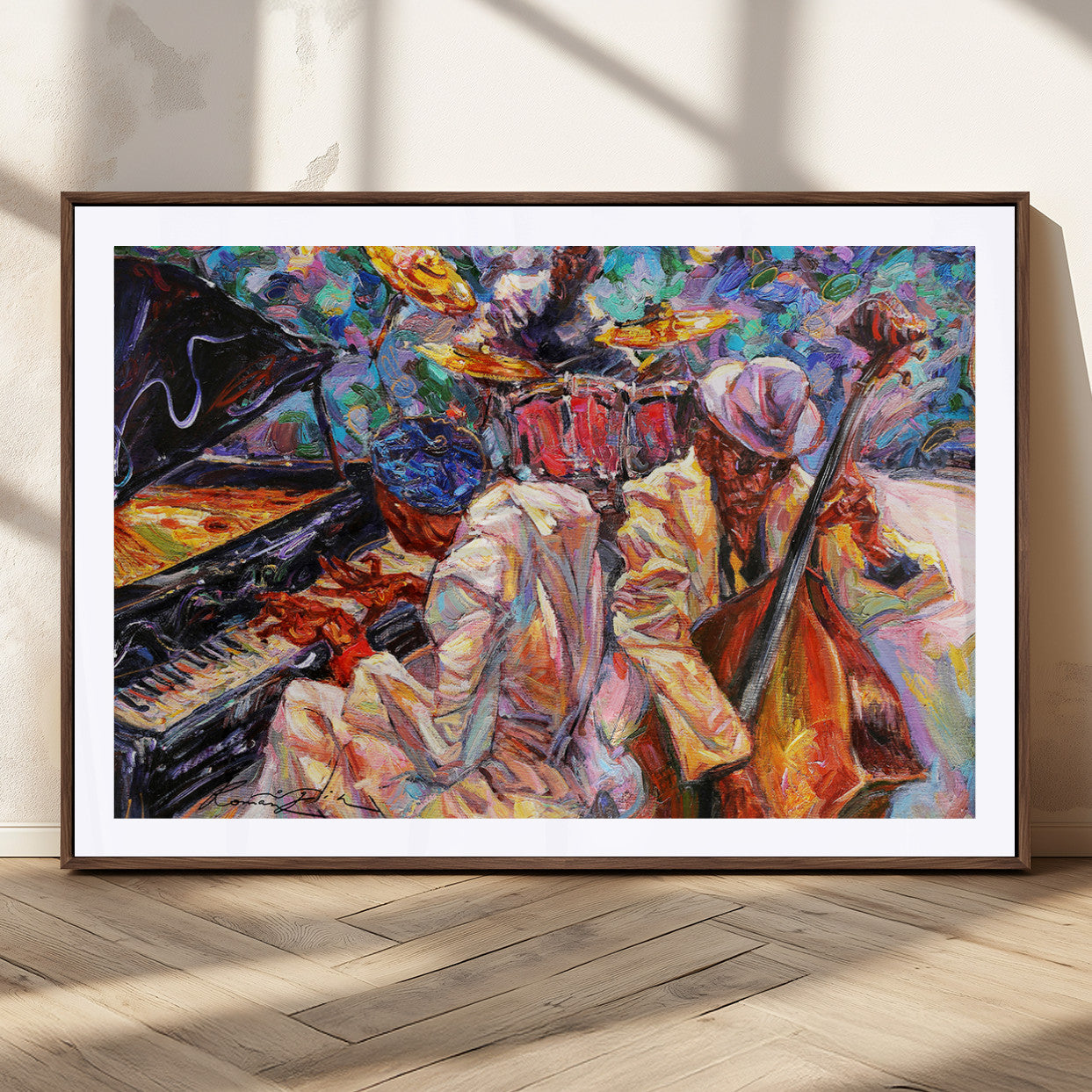 Vibrant oil painting of a jazz band with piano, saxophone, and bass, ideal for colorful and expressive music-themed home decor.