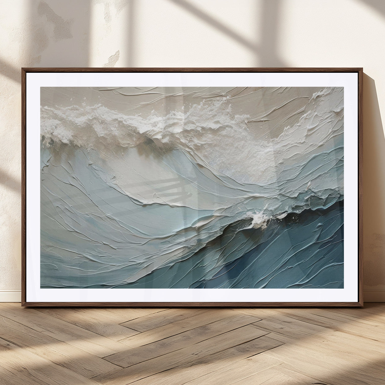 Textured canvas of ocean waves in soft coastal blues and creamy whites, ideal for modern or minimalist coastal-style interiors.