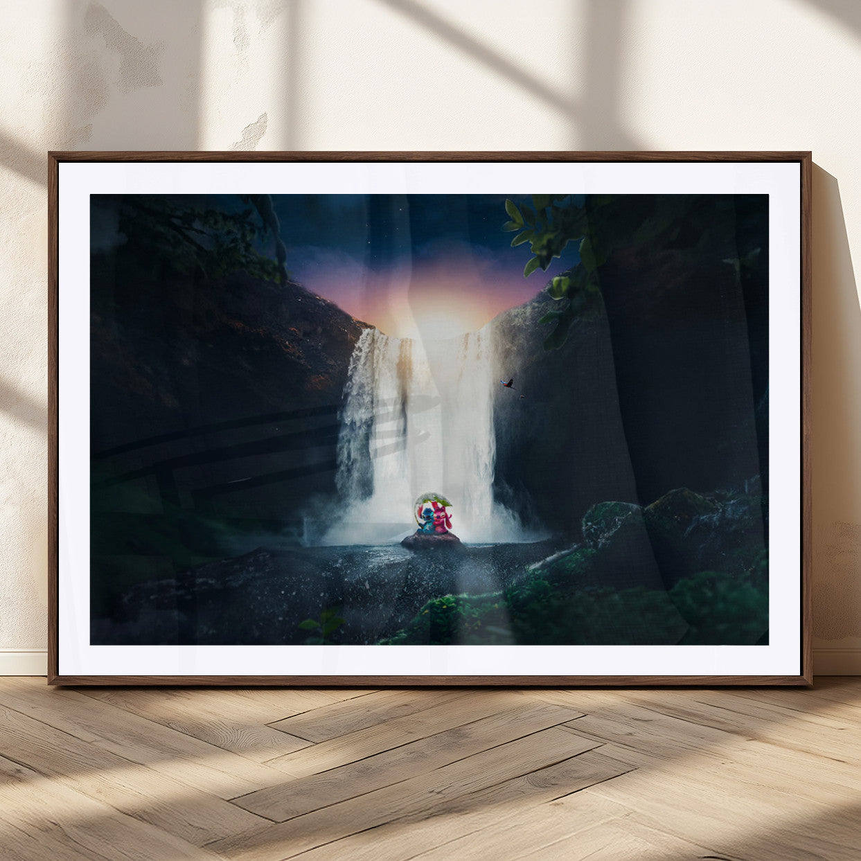Romantic scene of Stitch and Angel sitting under a leaf in front of a glowing waterfall, ideal for tropical or fantasy-themed decor.