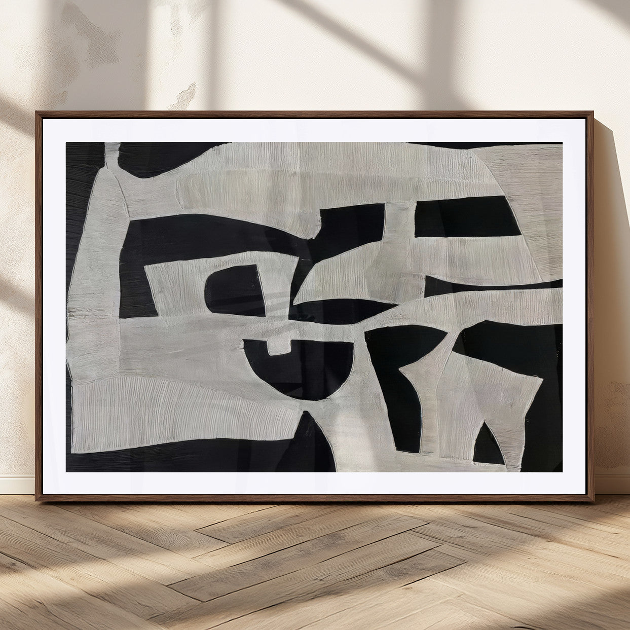 Minimalist black and white canvas featuring bold abstract textures and geometric shapes, ideal for modern neutral decor.