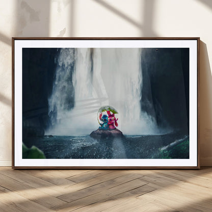Fantasy canvas of Stitch and Angel under a leaf umbrella in front of a dramatic waterfall, perfect for moody jungle-themed or animated decor.
