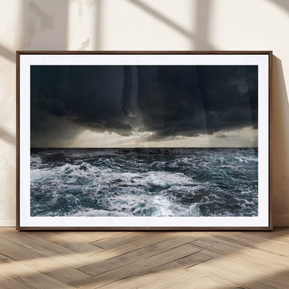 Moody ocean scene with stormy skies and crashing waves, perfect for dramatic or coastal-style home wall decor.