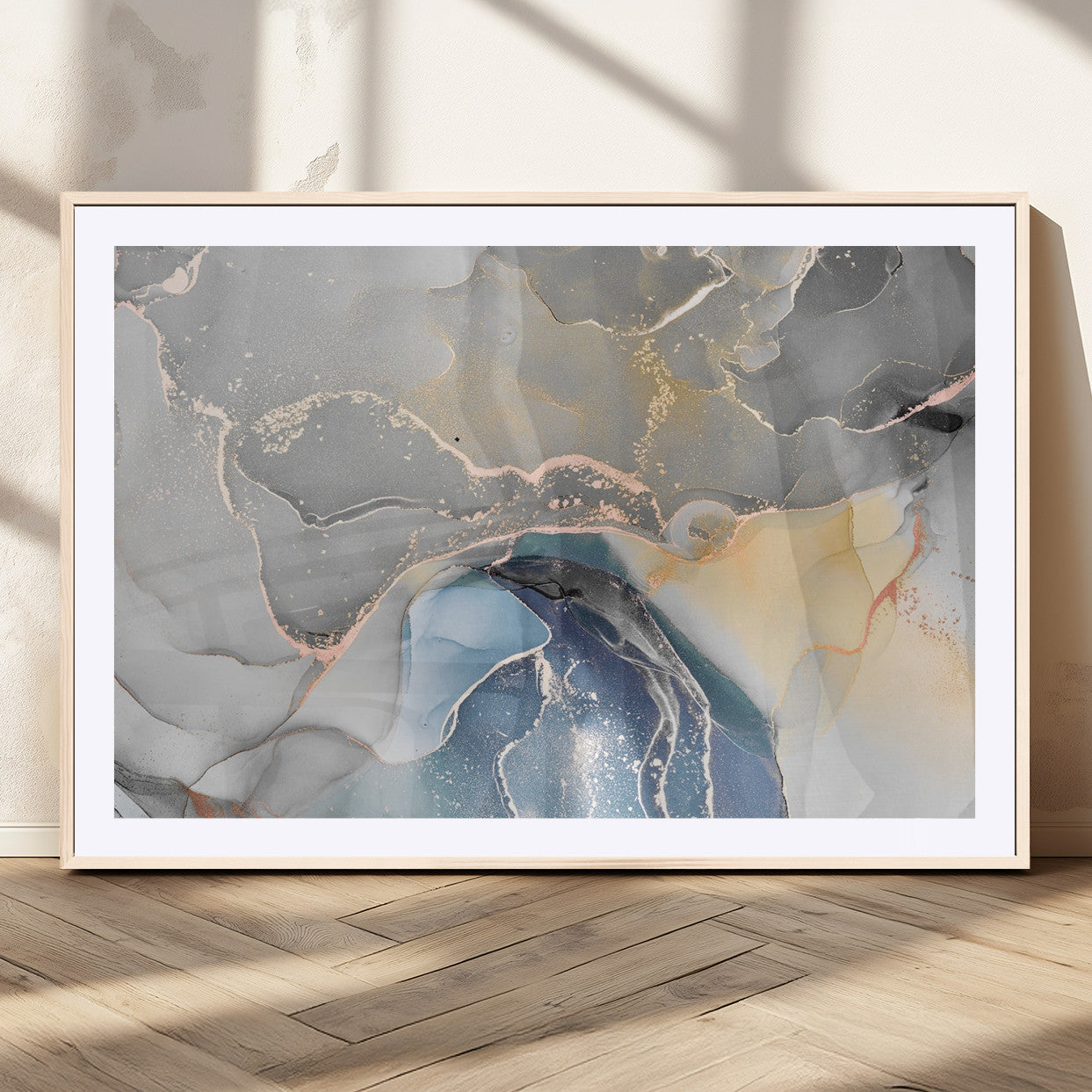 63211-MGC-FP-36x24_Natural-Abstract Fluid Art Wall Decor – Blue, Gray & Gold Canvas Print, Modern Home and Office Wall Art Decor for Living Room, Bedroom or Workspace