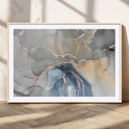 63211-MGC-FP-36x24_Natural-Abstract Fluid Art Wall Decor – Blue, Gray & Gold Canvas Print, Modern Home and Office Wall Art Decor for Living Room, Bedroom or Workspace