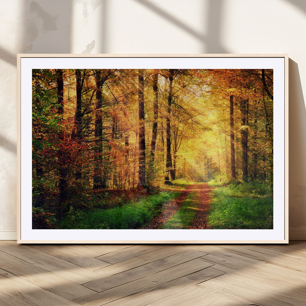 73494-MGC-FP-36x24_Natural-Golden Autumn Forest Path Wall Art – Sunlit Woodland Canvas Print, Fall Nature Landscape Home Decor