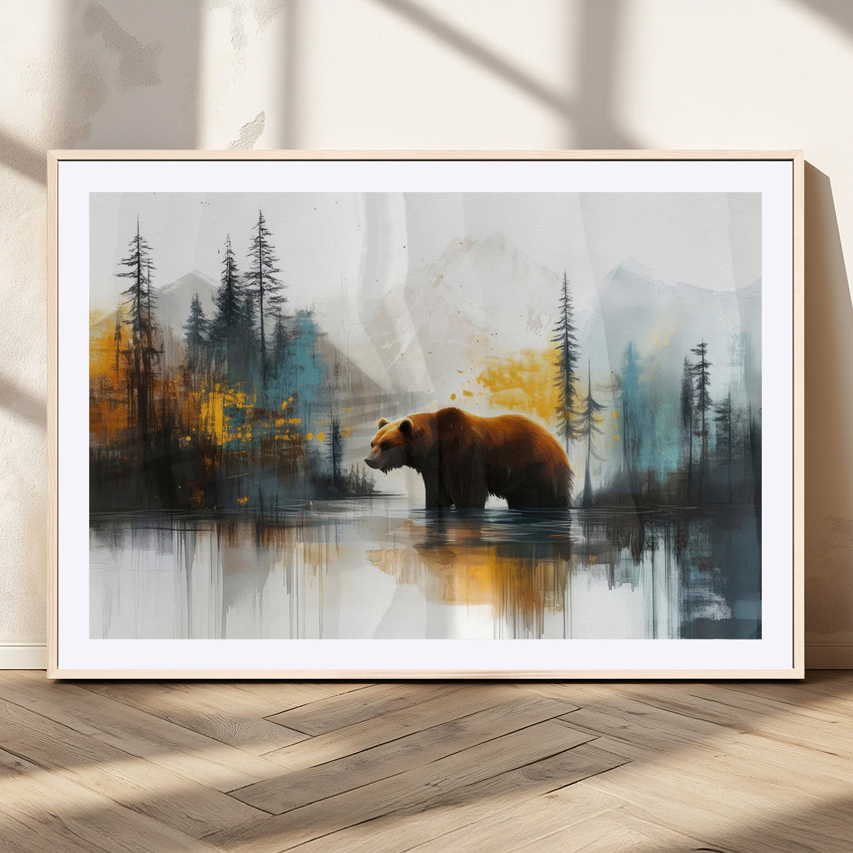 A majestic bear stands by the serene waters of a misty forest, surrounded by towering trees and distant mountains, evoking the raw beauty and wild spirit of nature.