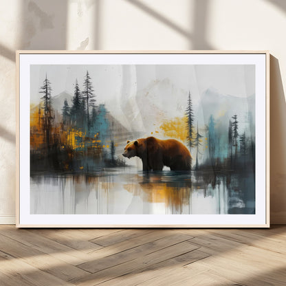A majestic bear stands by the serene waters of a misty forest, surrounded by towering trees and distant mountains, evoking the raw beauty and wild spirit of nature.