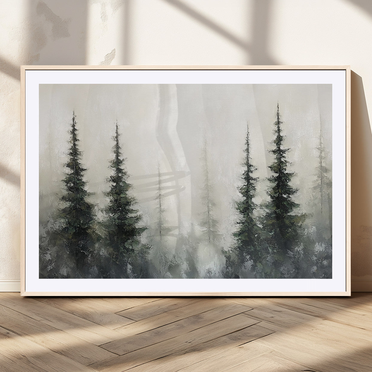Soft and misty pine forest painting in neutral earthy tones, ideal for calm woodland or minimalist rustic home decor.
