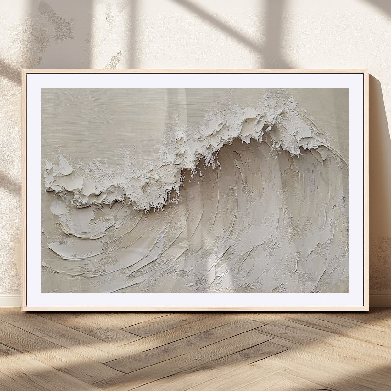 Textured canvas of an abstract white ocean wave in neutral tones, ideal for modern coastal or minimalist home decor.