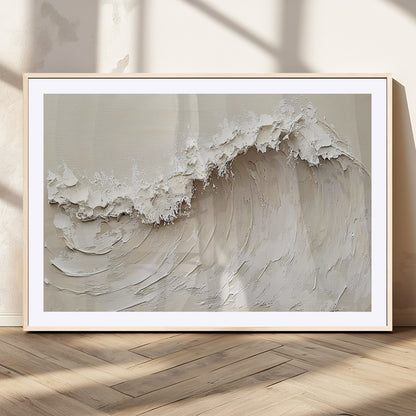 Textured canvas of an abstract white ocean wave in neutral tones, ideal for modern coastal or minimalist home decor.
