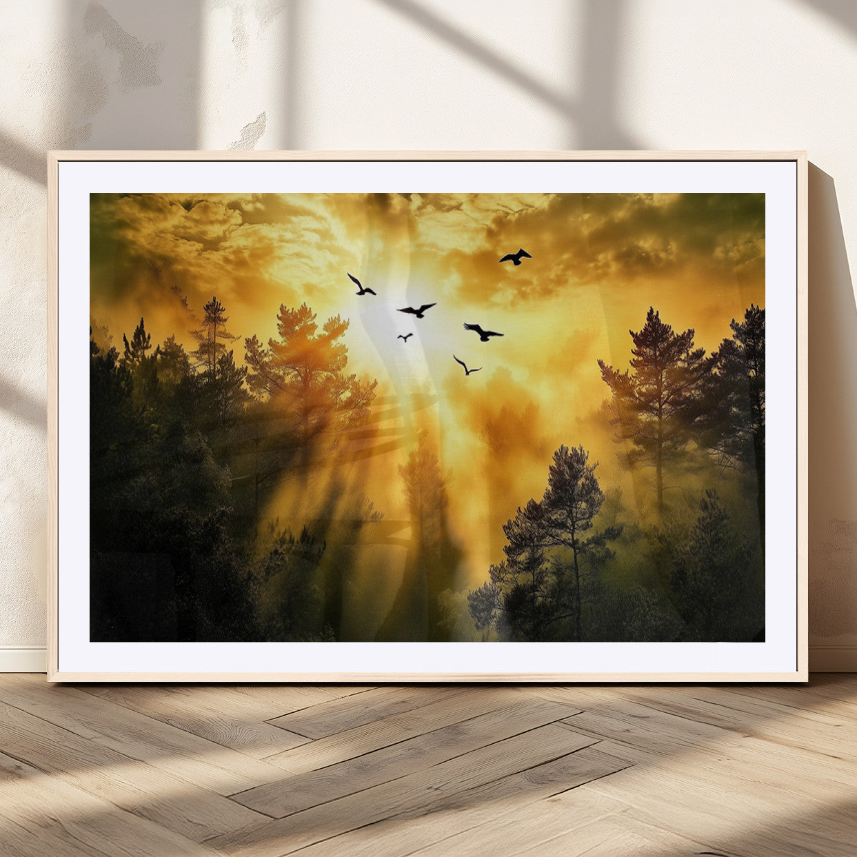 Canvas of a golden forest at sunset with birds flying through glowing sunbeams and silhouetted pine trees, ideal for warm-toned rustic decor.