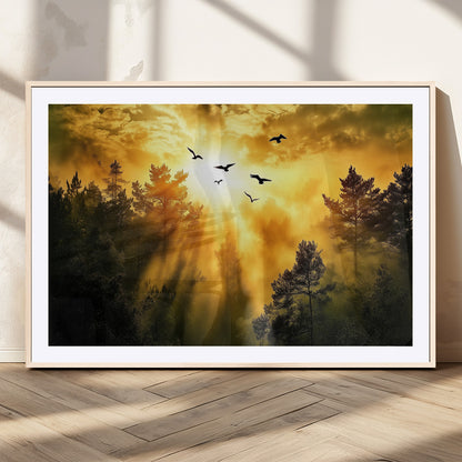 Canvas of a golden forest at sunset with birds flying through glowing sunbeams and silhouetted pine trees, ideal for warm-toned rustic decor.