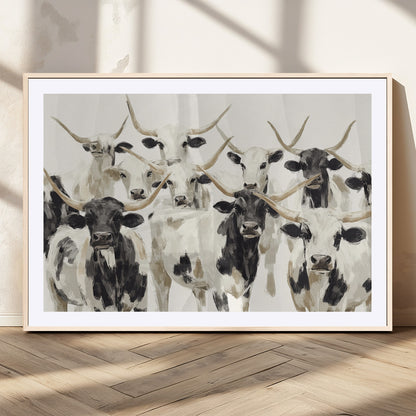 Canvas of a Texas Longhorn cattle herd in neutral black and white tones, ideal for rustic farmhouse or western-themed decor.