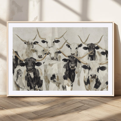Canvas of a Texas Longhorn cattle herd in neutral black and white tones, ideal for rustic farmhouse or western-themed decor.