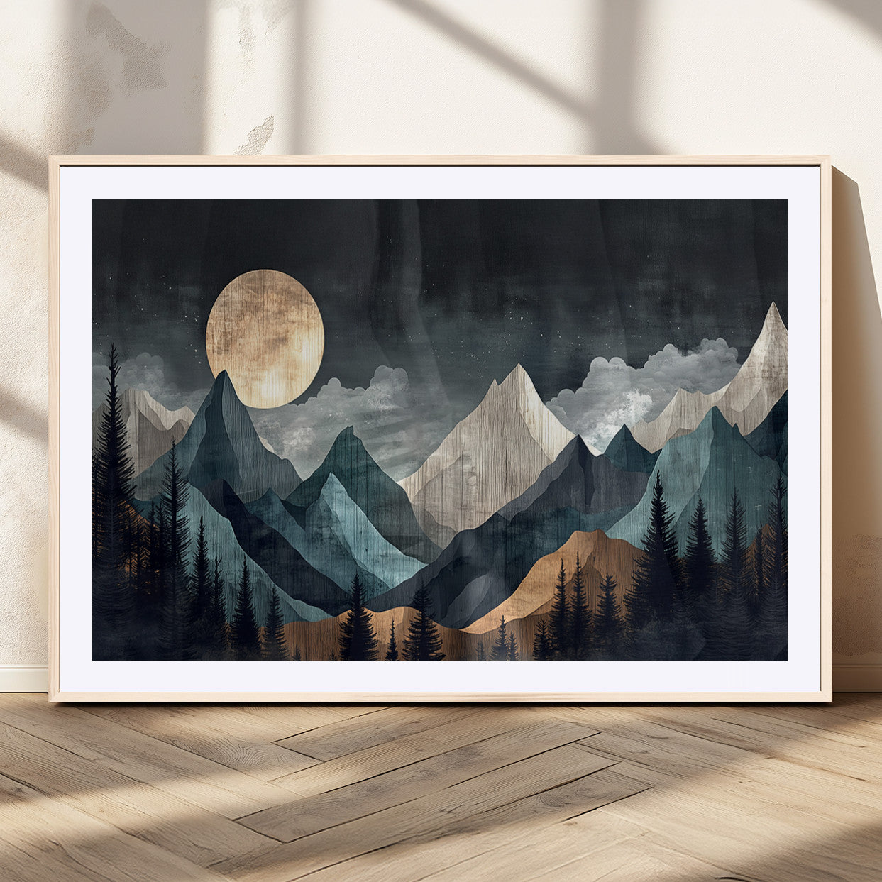 Stylized canvas of layered mountains under a full moon in neutral moody tones, ideal for nature-inspired or modern rustic interiors.
