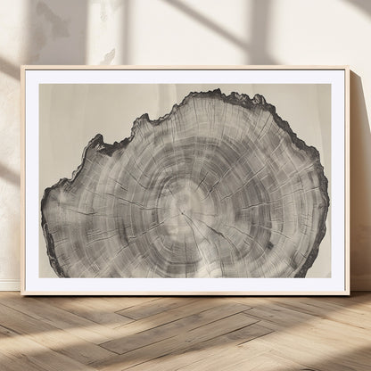 Detailed tree ring drawing in monochrome tones, ideal for rustic or nature-inspired interiors with a minimal decor aesthetic.