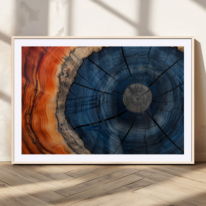 A captivating close-up of a tree trunk, showcasing its concentric rings in rich shades of blue, orange, and brown, highlighting the organic patterns of natural wood.