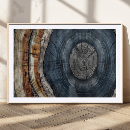 A stunning close-up of a tree trunk showing the intricate, circular growth rings, showcasing the natural textures and rich contrasts in deep blues, browns, and silvers.