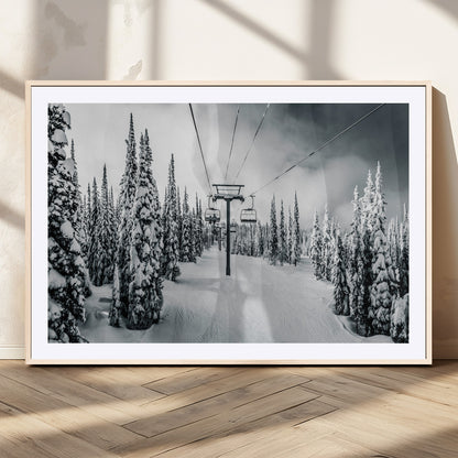 Canvas of a snowy ski lift scene through a forest of tall pine trees, ideal for moody winter or alpine-themed home decor.
