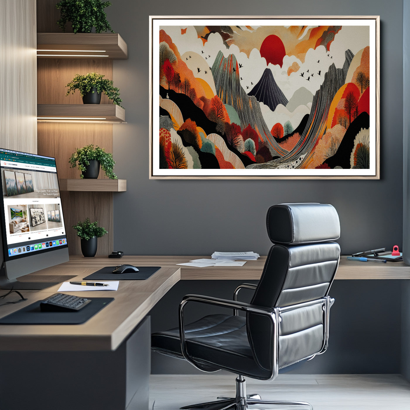 Abstract Mountain Wall Art Canvas Print, Vibrant Landscape Print, Framed Stylized Nature Drawing Art Print, Large Sunset Mountains Printing Perfect for Contemporary Minimalist Decor