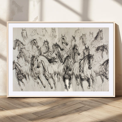 Monochrome ink sketch of galloping horses in dynamic motion, perfect for western or equine-themed wall decor with bold artistic energy.