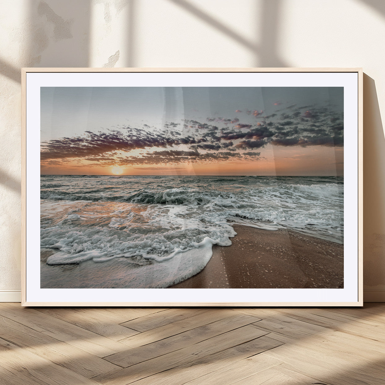 Ocean Sunset Wall Art Print - Beach Waves Canvas Print, featuring a serene seascape with golden sunlight reflecting on gentle waves, perfect for coastal and minimalist decor.