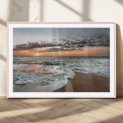 Ocean Sunset Wall Art Print - Beach Waves Canvas Print, featuring a serene seascape with golden sunlight reflecting on gentle waves, perfect for coastal and minimalist decor.