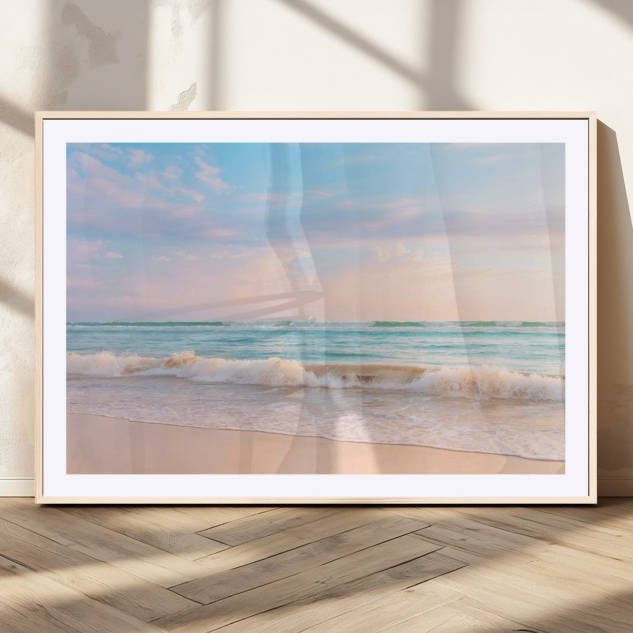 Pastel-toned ocean waves under soft sunset skies, ideal for pastel coastal or serene beach-style home decor.