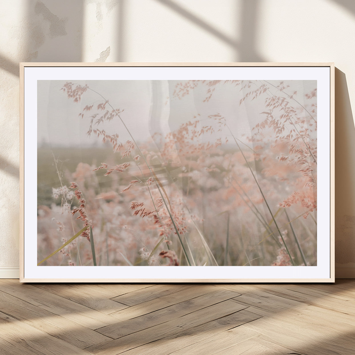 Soft pastel field with wild grasses in warm light, ideal for minimal nature or airy countryside-inspired interior wall decoration.
