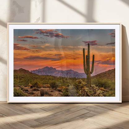 Vibrant desert sunset with saguaro cacti and distant mountains, perfect for Southwestern or warm-toned home decor.