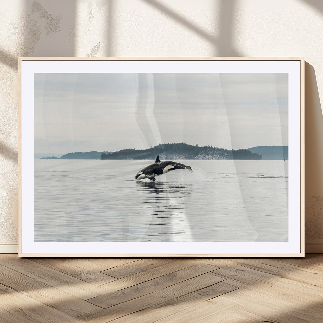 An orca jumping out of calm ocean waters with a misty island in the background, creating a serene and minimalist marine wildlife scene.
