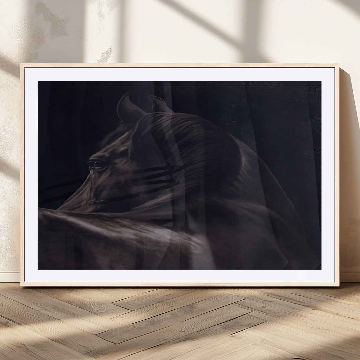 Close-up of a black horse with dramatic lighting on a dark background, perfect for rustic or masculine home decor.