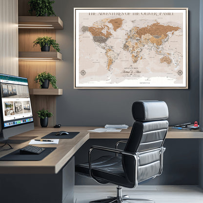 43101120-MGC-FP-36x24_Natural-World Travel Map with Pins – Push Pin Maps of Where I've Been, Framed Wall Map for Travel Memories, Old Style Decorative World Map - H10