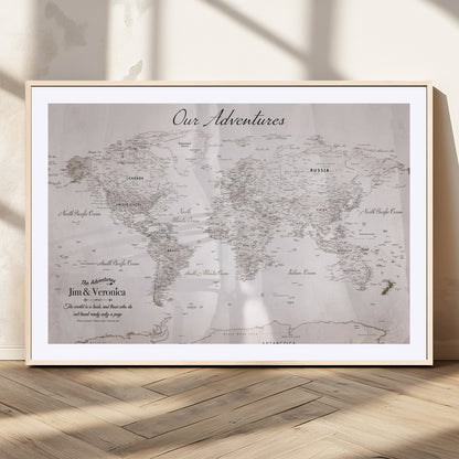 Customize Push Pin World Map Wall Canvas Print – Personalized Travel Map with Foam Pins – Framed Custom Quotie Canvas for Home Office Decor