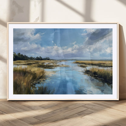 A beautiful, painterly landscape of a calm river winding through a marsh, with vibrant green grasses and a bright blue sky filled with fluffy clouds.