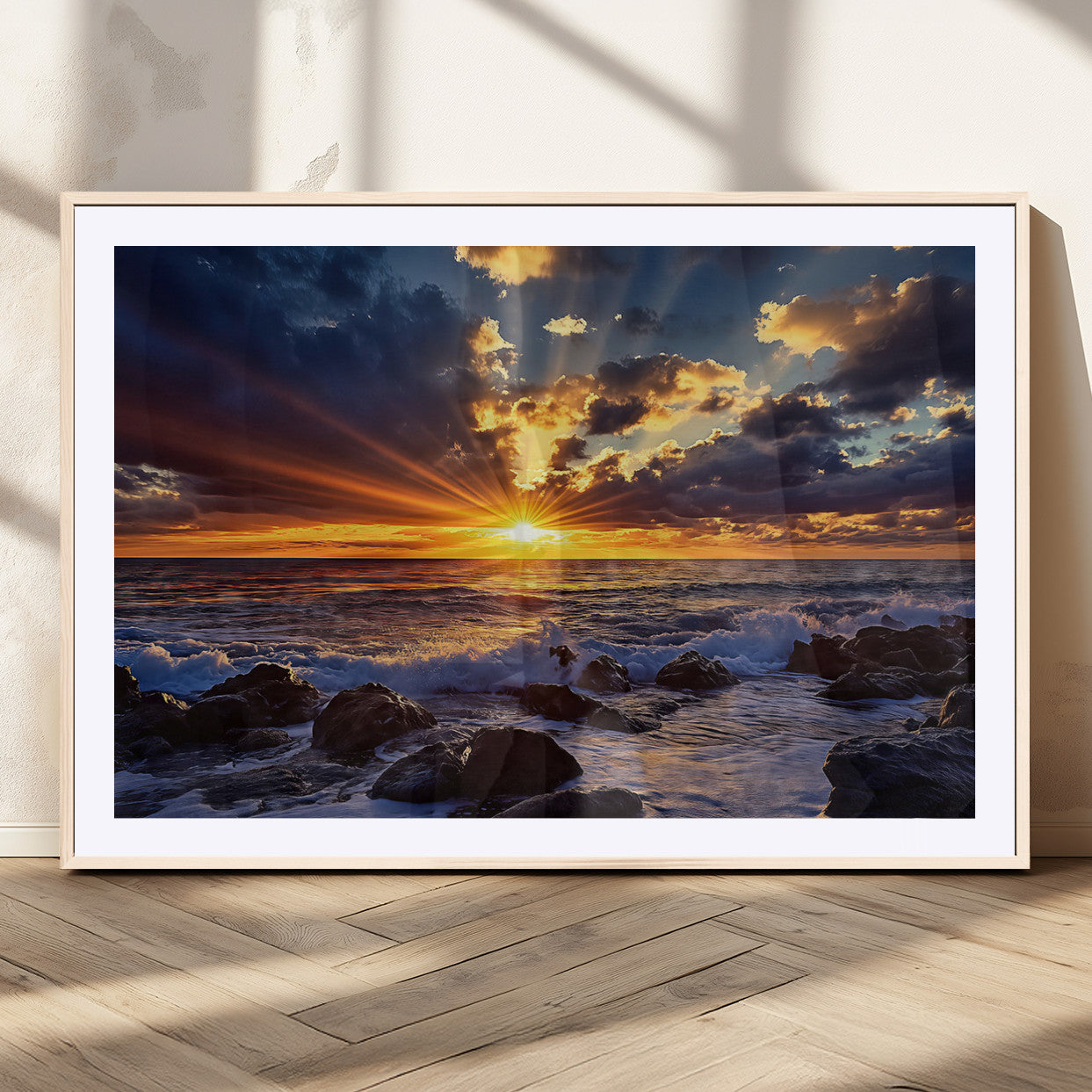 An explosive sunset over the ocean with dramatic clouds and rays of sunlight reflecting off the water, creating a vibrant and captivating view.
