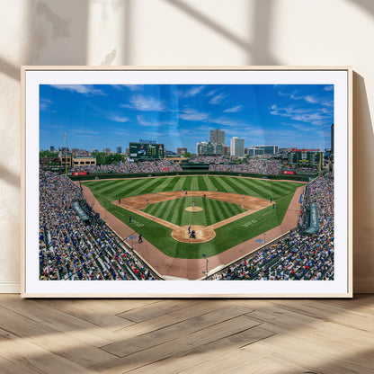 Wrigley Field Baseball Stadium Canvas Wall Art, Packed Crowd Sports Stadium Print, City Skyline Baseball Field Canvas for Game Room Decor