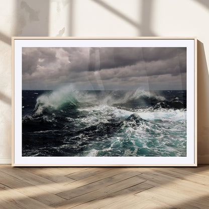 Powerful ocean waves crashing under stormy skies, creating a dynamic and intense seascape.