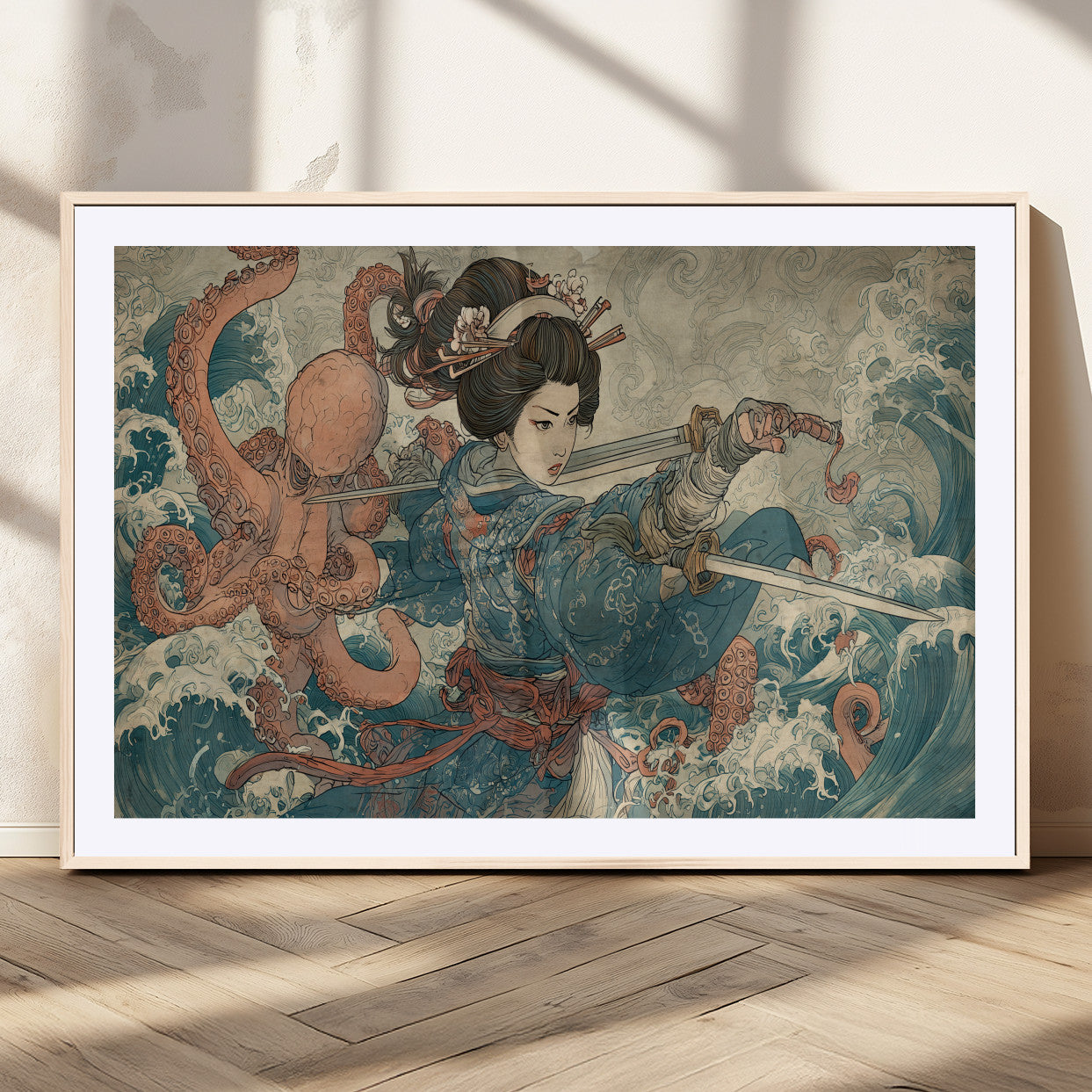Tsukioka Yoshitoshi Samurai Wall Art Print, Japanese Katana Warrior Canvas Wall Art, Octopus Sea Monster Canvas Print,