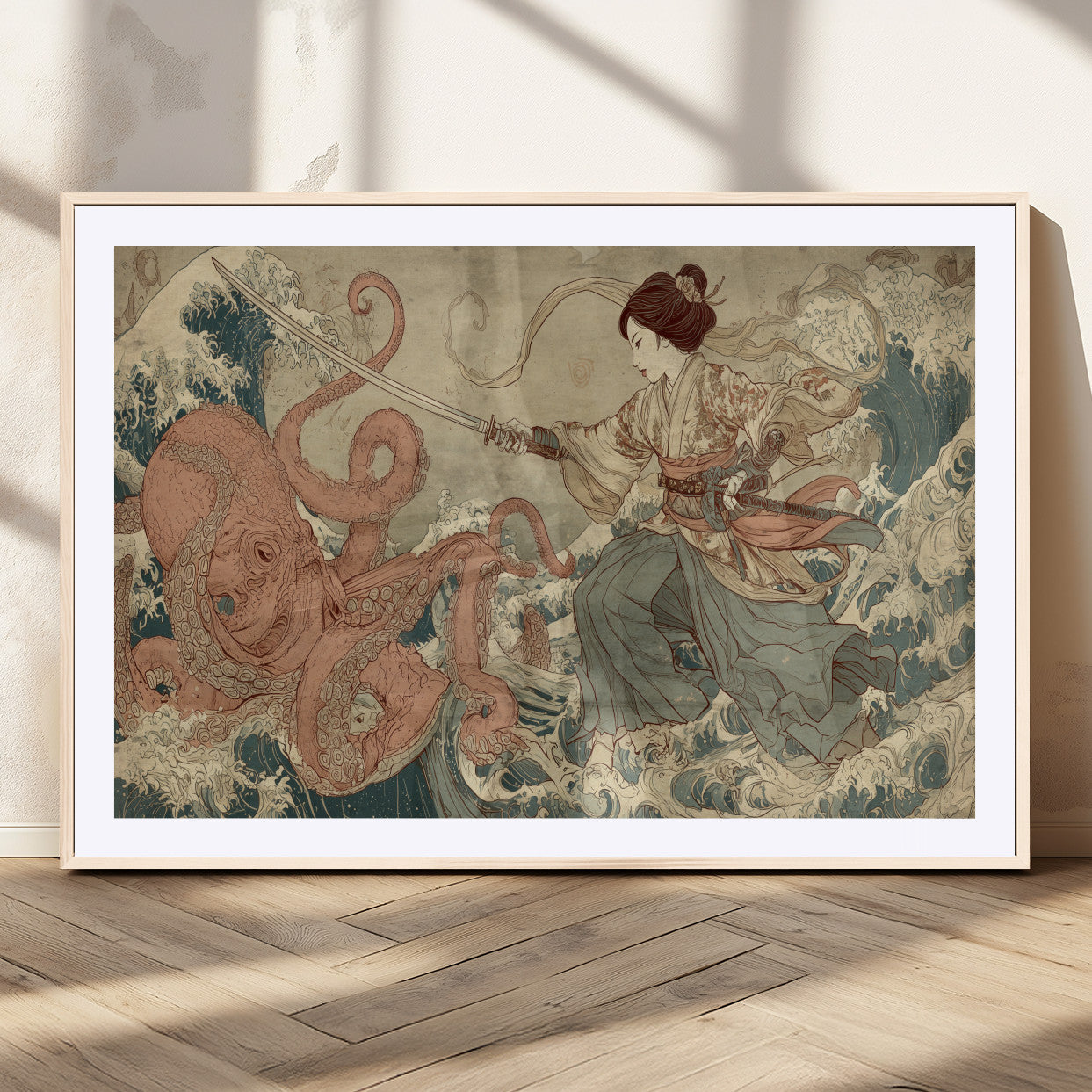 Tsukioka Yoshitoshi Samurai Wall Art Print, Japanese Katana Warrior Canvas Wall Art, Octopus Sea Monster Canvas Print,