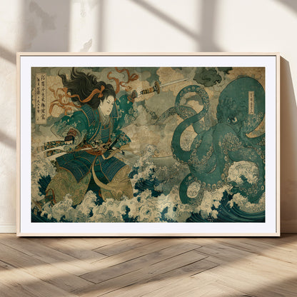 Tsukioka Yoshitoshi Samurai Wall Art Print, Japanese Katana Warrior Canvas Wall Art, Octopus Sea Monster Canvas Print,