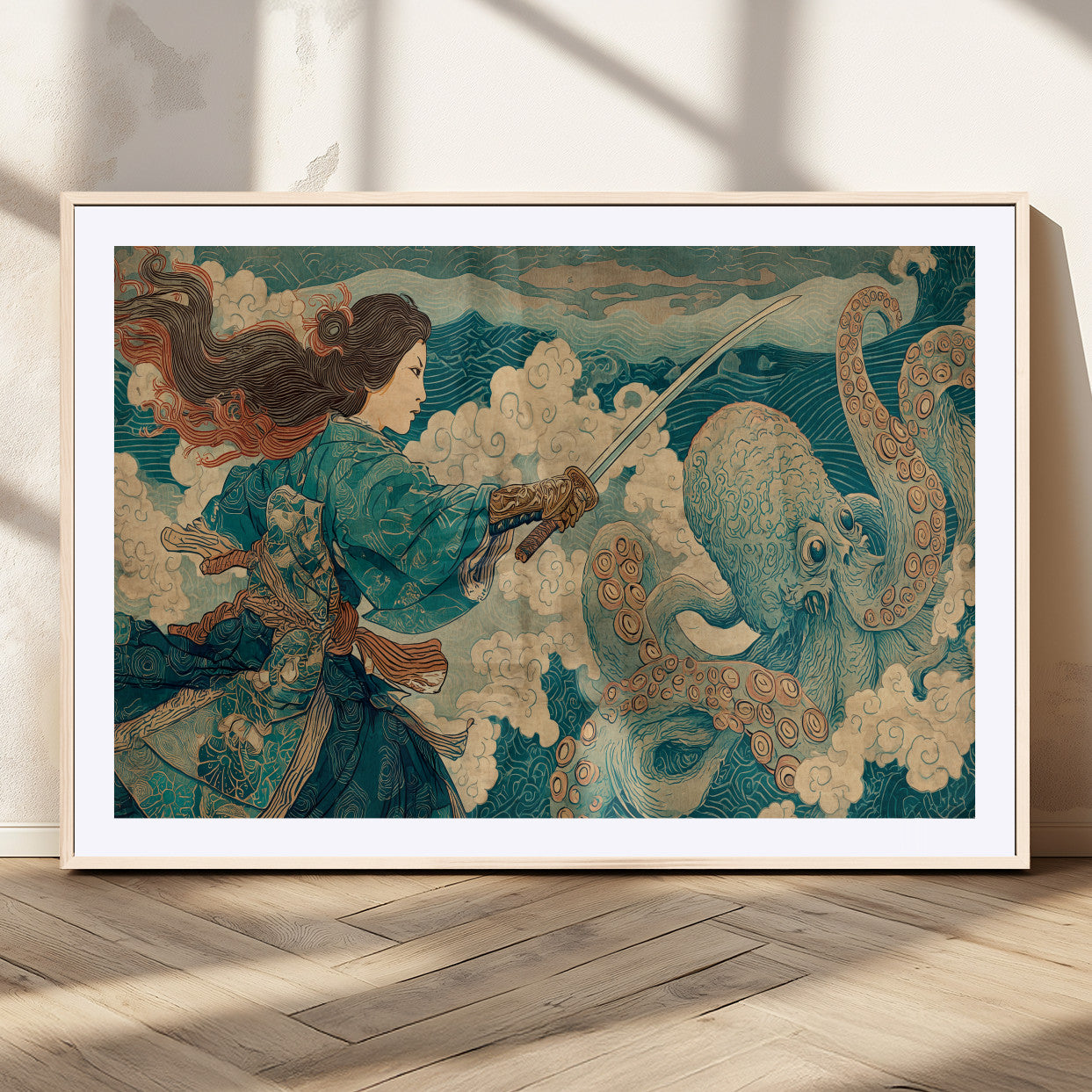 Tsukioka Yoshitoshi Samurai Wall Art Print, Japanese Katana Warrior Canvas Wall Art, Octopus Sea Monster Canvas Print,